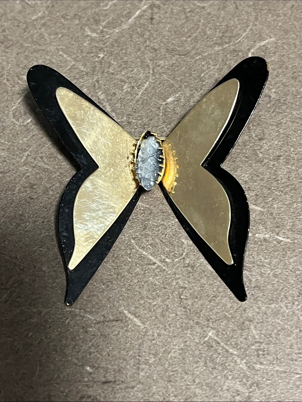 Gold and Black Butterfly Brooch with White Stone Accent 3”x2”